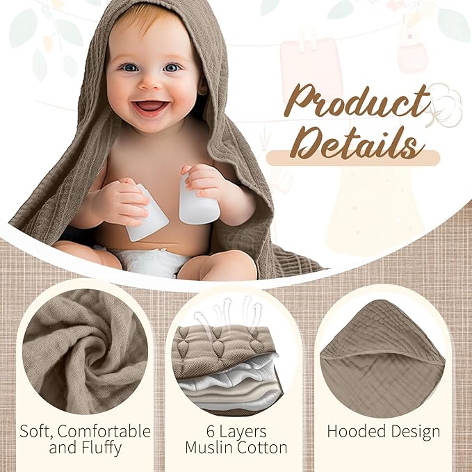 VitalCozy 8 Pcs Baby Muslin Hooded Bath Towels and Washcloths Muslin Cotton Hooded Baby Towels Absorbent Blankets for Gift Newborn Infant Shower (32 x 32 Inch,Neutral Colors)