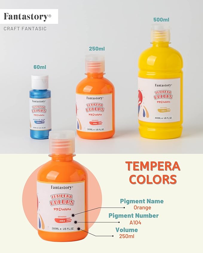 Fantastory Tempera Paint for Kids 12 Colors (8.4 oz Each) Washable Tempera Paint, Kids Poster Sponge Painting, Non-Toxic Finger Hand Bottles Gifts