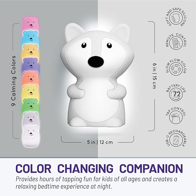Lumipets Fiona The Fox Squishy Night Light for Kids | Silicone Mood Lamp with Tap & Remote Control | Rechargeable Color Changing Animal NightLight for Boys & Girls | Portable Nightlight with USB Cord