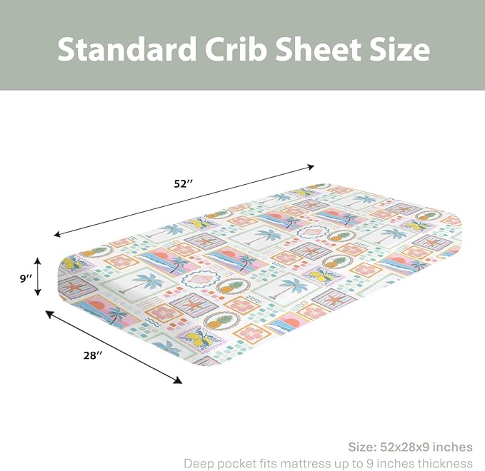 Colorful Beach Patchwork Baby Crib Sheets for Girl 52x28 Bright Summer Seashells Girly Soft Snug Fitted Crib Mattress Cover Pineapple Lemon Palm Starfish Baby Sheet for Crib & Toddler Bed Mattresses