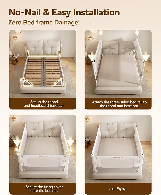 Bed Rails for Toddlers 3 Pack, Thickened & Reinforced Baby Rail Guard with No-Nail Design, Height Adjustable Toddler Rails for Queen Bed, Kids Safety Bed Side Rails, White/Grey, 60x78.7x78.7in