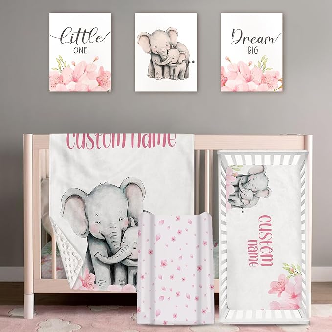 Personalized Baby Crib Bedding Set: 4 Piece Pink Flowers Custom Gift Crib Bed Set with Name - Elephant Design, Nursery Bedding Set for Baby Girls,Newborn Girls Crib Sets, Crib Bedding Shower Gifts