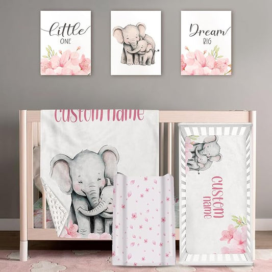 Personalized Baby Crib Bedding Set: 4 Piece Pink Flowers Custom Gift Crib Bed Set with Name - Elephant Design, Nursery Bedding Set for Baby Girls,Newborn Girls Crib Sets, Crib Bedding Shower Gifts