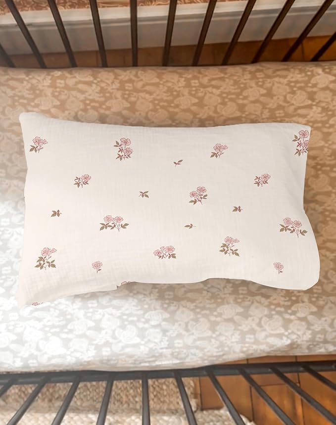 Toddler Pillowcases for 13"x18" Pillow 2 Pack, Muslin Small Toddler Baby Kids Travel Pillow Covers for Boys Girls with Envelope Closure (Flower G & Pink, 13 x 18 Inch)