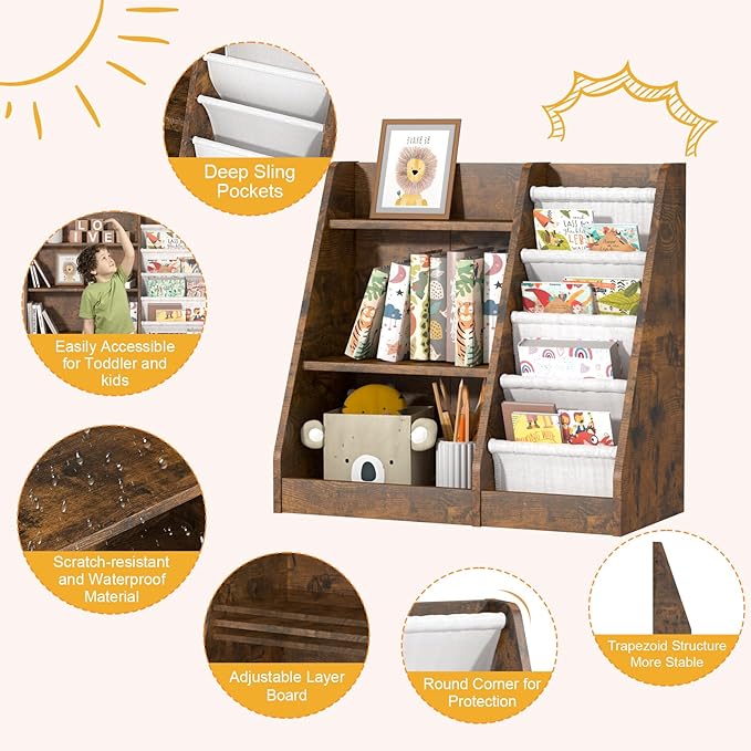 HedoAjim Kids Bookshelf for Bedroom Toddler Children Baby Bookcase 3-Tier for Nursery Book Toy Storage Organizer 4 Sling Adjustable Display Shelf Book Rack Wood Classroom Playroom Rustic Brown