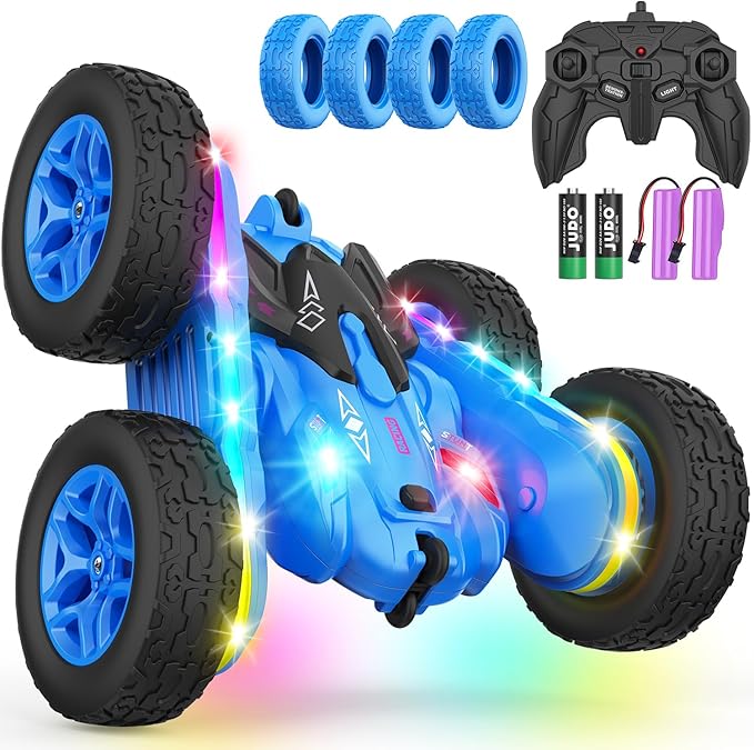 Remote Control Car, Rc Cars Stunt Toys New Upgraded Strip Lights and Headlights Toys Double-Sided 360° Rotating 4WD Drift Truck for Boys Girls Birthday Gift (Blue)