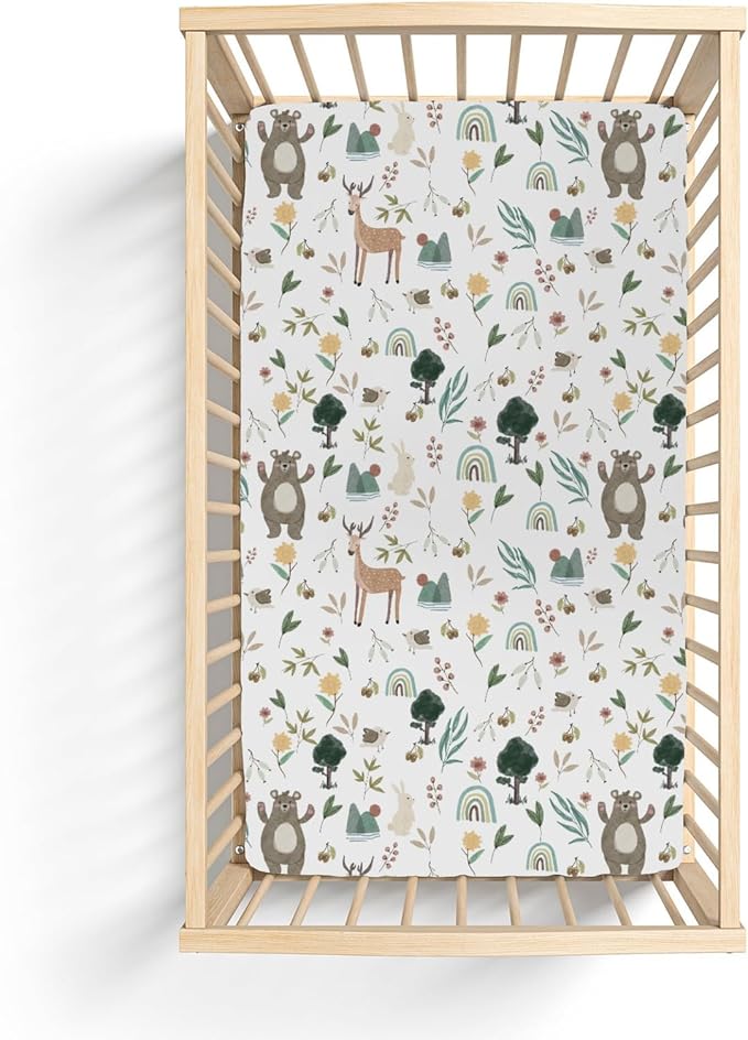 Boho Spring Animal Baby Crib Sheets for Boy Girl 52x28Inch Bear Deer Bunny Bird Rainbow Trees Mountain Soft Snug Fitted Crib Mattress Cover Animals Baby Sheet for Standard Crib & Toddler Mattress