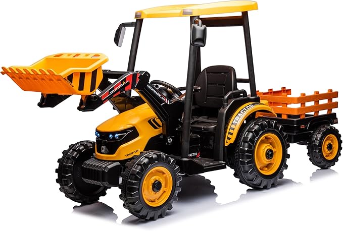 Kidsera 24V Kids Ride on Tractor with Trailer & Front Loader, 3 In1 Tractor 4-Gearbox 24volt Dual Motors Metal Frame, 24V Ride on Toys for Big Kids, Power Wheels Kids Electric Vehicles (Yellow)