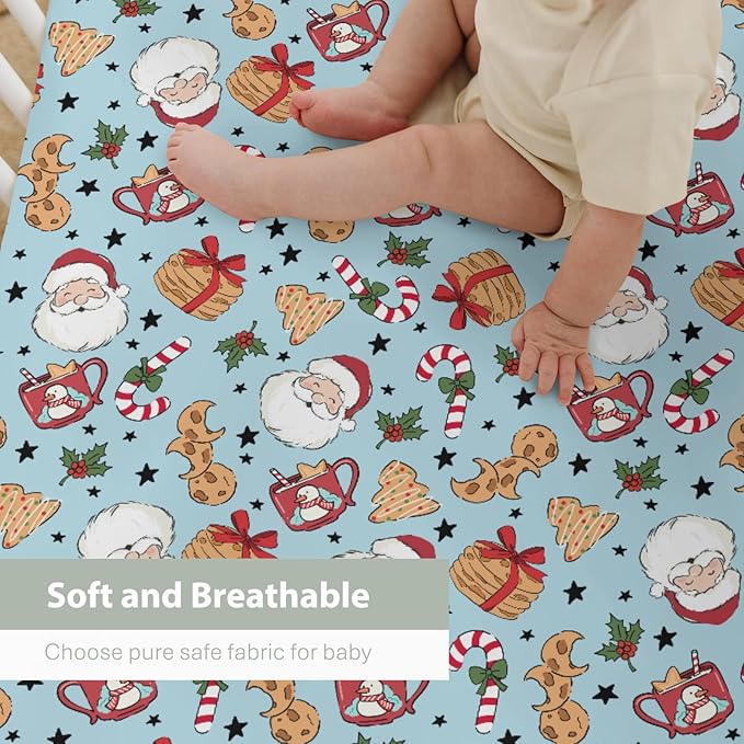 Sweet Christmas Blue Baby Crib Sheets for Boy Girl 52x28 Santa Claus Cherry Fir Candy Soft Snug Fitted Crib Mattress Cover Winter Holiday Festival Baby Sheet for Standard Crib & Toddler Bed Mattress