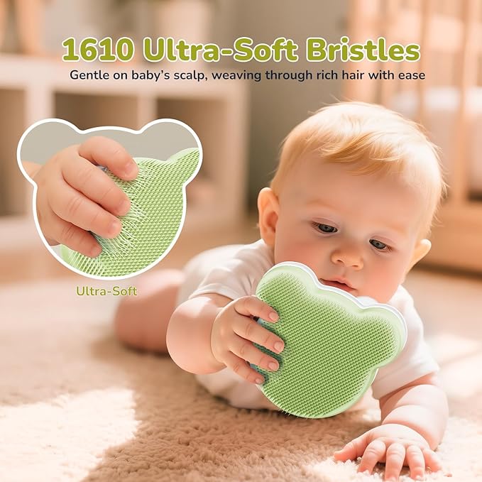 Cloud Baby Cradle Cap Brush & Baby Comb Set, 3-in-1 Cradle Cap Treatment with Soft Brush, Hair Comb & Bath Sponge, BPA-Free, Easy to Use | Infant Bath Essentials - Extra Sponge, Serene Green