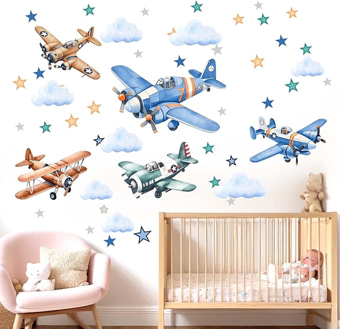 Airplane Wall Stickers for Boys Kids: Peel and Stick Cloud Star Aircrafts Wall Decals for Baby Nursery Kid Bedroom Toddler Room - Children Supplies Ages 1-12 Year Wall Decor