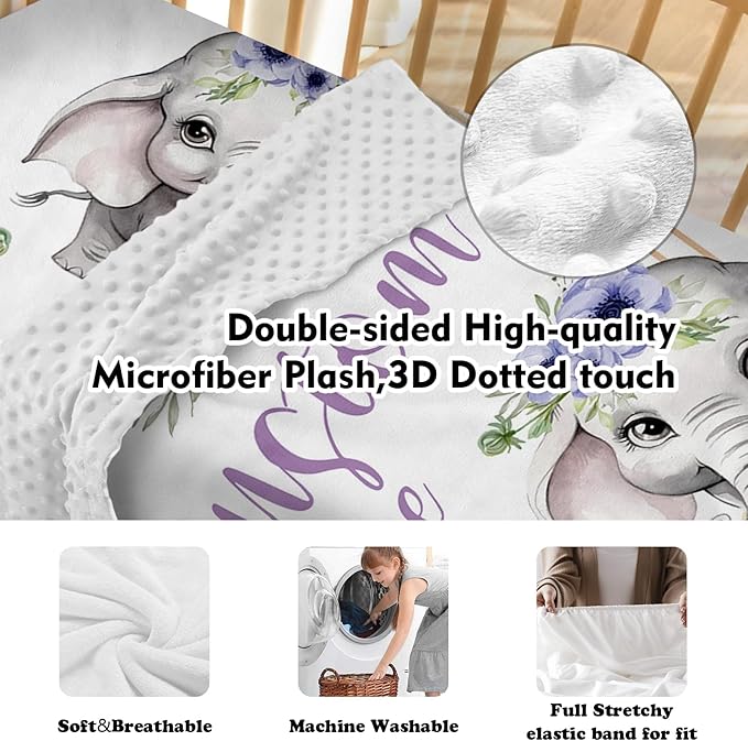 Personalized Baby Crib Bedding Set: 4 Piece Purple Flower Custom Gift Crib Bed Set with Name - Elephant Design, Nursery Bedding Set for Baby Girls,Newborn Girls Crib Sets, Crib Bedding Shower Gifts