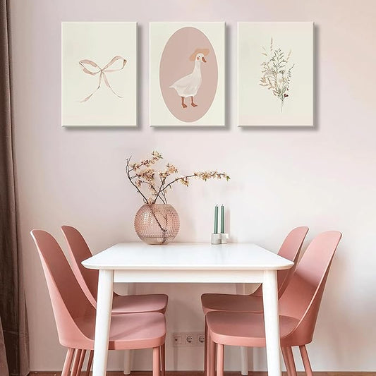 3Pcs Girls Nursery Canvas Wall Art Vintage Goose Wall Decor Pictures Pink Bow Poster Prints Kids Room Painting Artwork for Girls Room Bedroom Living Room Home Decoration,16x24in