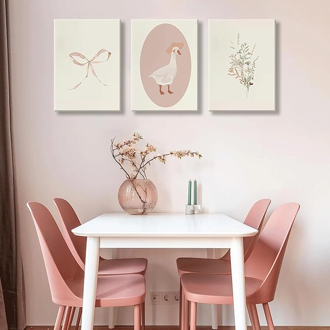 3Pcs Girls Nursery Canvas Wall Art Vintage Goose Wall Decor Pictures Pink Bow Poster Prints Kids Room Painting Artwork for Girls Room Bedroom Living Room Home Decoration,12x16in