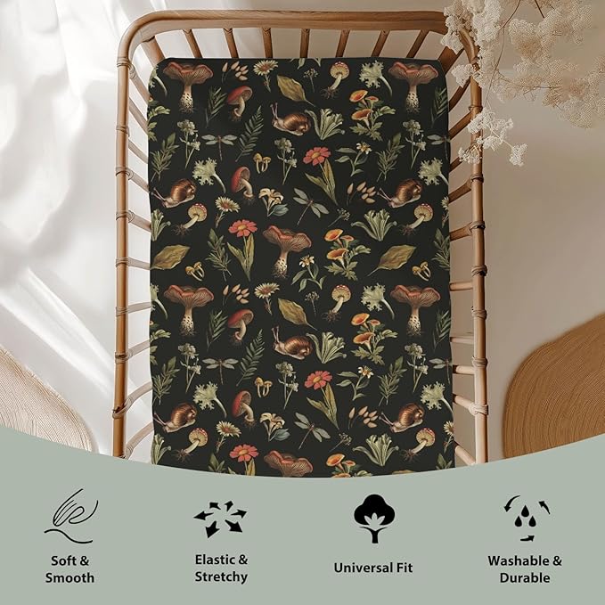 Fairytale Mushroom Baby Crib Sheets for Boy Girl 52x28Inch Retro Mushrooms Floral Leaves Soft Snug Fitted Crib Mattress Cover Magical Plant Baby Sheet for Standard Crib & Toddler Bed Mattress