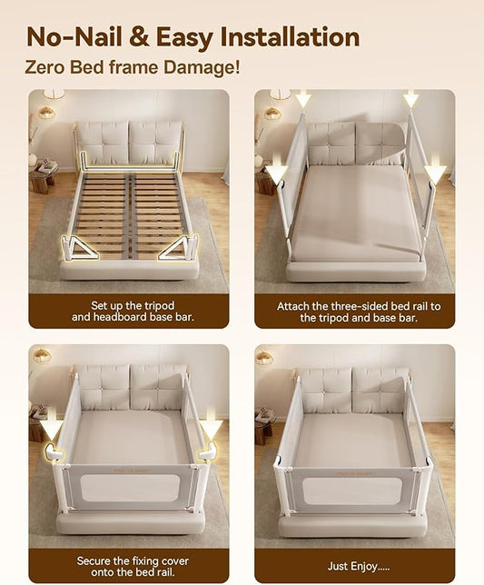Bed Rails for Toddlers 3 Pack, Thickened & Reinforced Baby Rail Guard with No-Nail Design, Height Adjustable Toddler Rails for King Size, Kids Safety Bed Side Rails,Grey (74.8x78.7x78.7in)