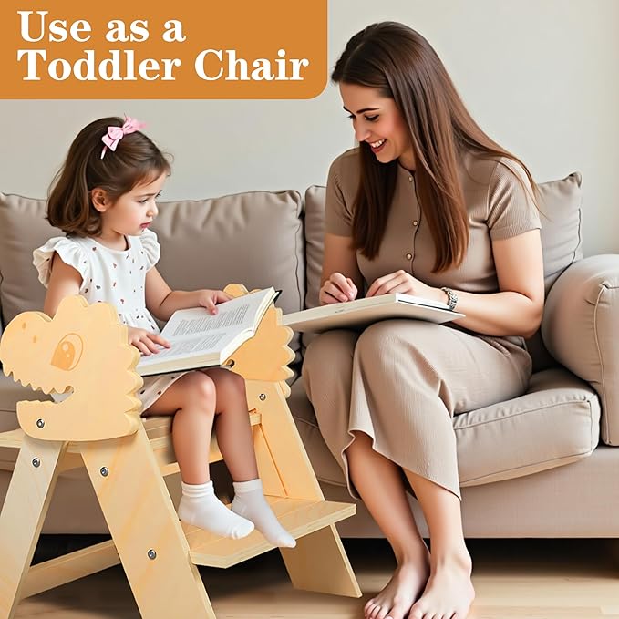 TinyHaven Wooden Toddler Step Stool, 2-Step Foldable Stool for Kids with Non-Slip Surface, Baby Bathroom Stool for Potty Training, Bathroom Sink, Kitchen Counter with Cute Dinosaur Design, Natural