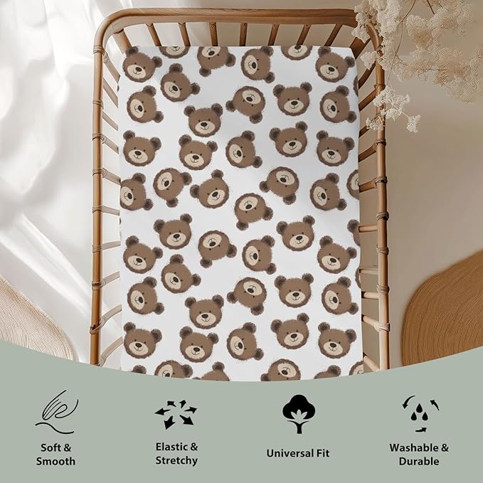 Neutral Boho Bears Baby Crib Sheets for Boy Girl 52x28Inch Cute Brown Bear Soft Snug Fitted Crib Mattress Covers Watercolor Bears Nursery Baby Sheet for Crib and Toddler Bed Mattresses