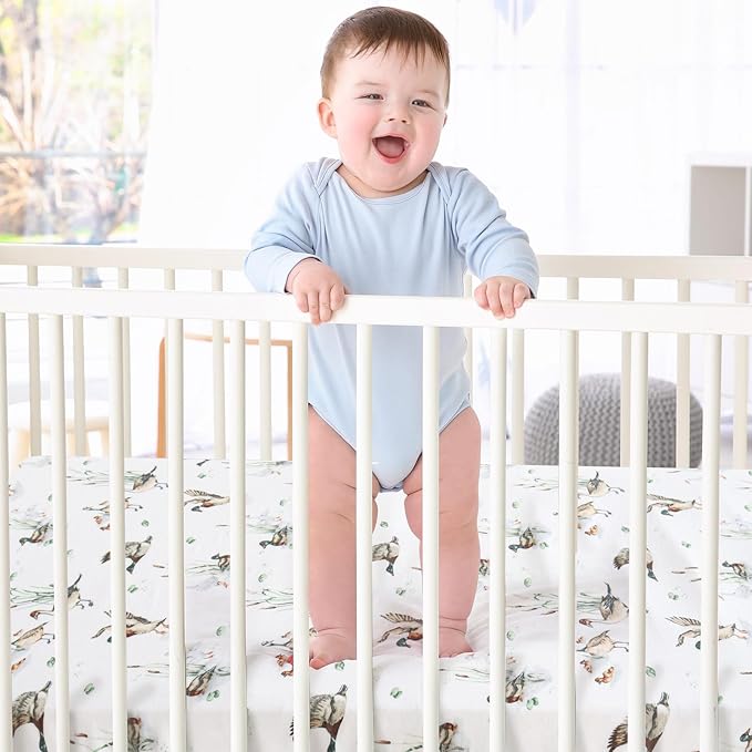 LifeTree Crib Sheets for Baby Unisex - Muslin Fitted Crib Sheets Toddler Bed Sheet, 70% Viscose from Bamboo and 30% Cotton, Fits Standard Crib, Mallard Duck, 28in x 52in