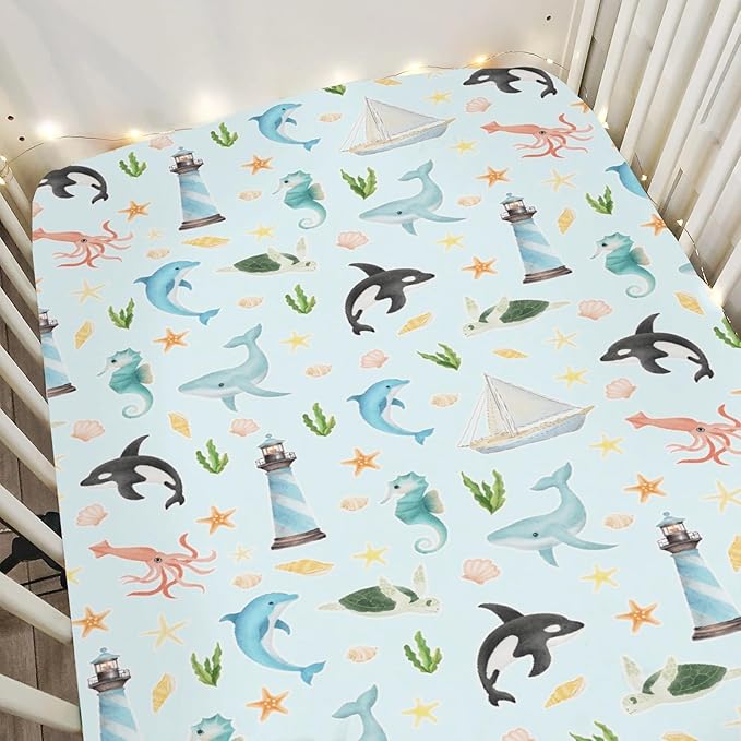 Colorful Ocean Animals Baby Crib Sheets for Boy Girl 28"x52" Sea Horse Whale Dolphin Turtle Lighthouse Soft Snug Fitted Crib Mattress Cover Nautical Baby Sheet for Standard Crib & Toddler Mattress