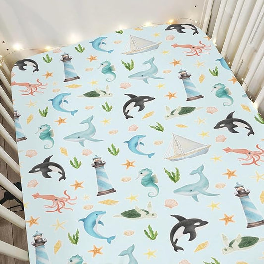 Colorful Ocean Animals Baby Crib Sheets for Boy Girl 28"x52" Sea Horse Whale Dolphin Turtle Lighthouse Soft Snug Fitted Crib Mattress Cover Nautical Baby Sheet for Standard Crib & Toddler Mattress