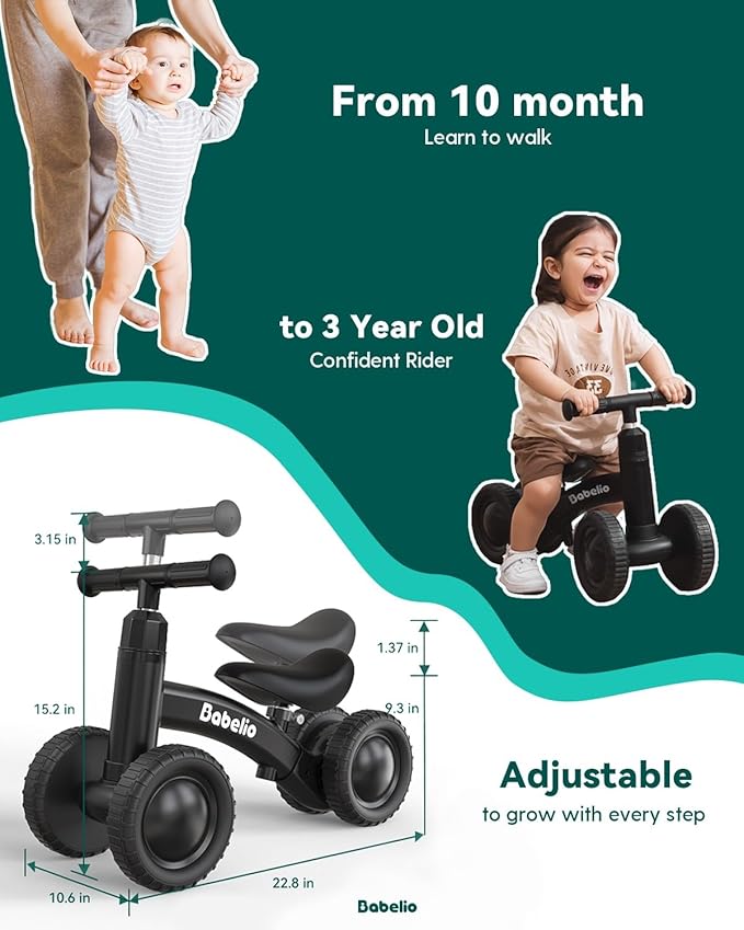 BABELIO Baby Balance Bike for 1 Year Old Boys Girls, 10-36 Month Toddler Balance Bike, 4-Wheel Off-Roader Design, Adjustable Seat & Handlebar - Black