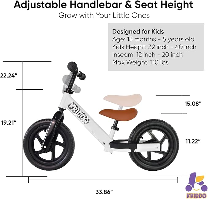 KRIDDO Toddler Balance Bike 2 Year Old, Age 24 Months to 5 Years Old, 12 Inch Push Bicycle with Customize Plate (3 Sets of Stickers Included), Gift Bike for 2-3 Boys Girls, White Sport