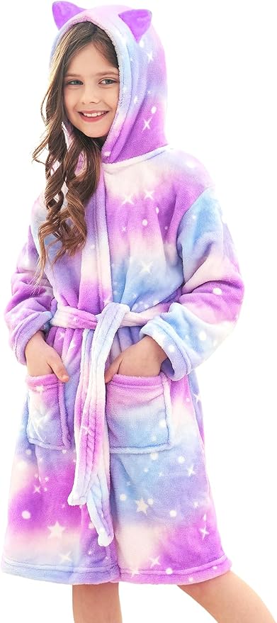 Doctor Unicorn Girls Leopard Cat Robe Kids Fleece Warm Hooded Bathrobe