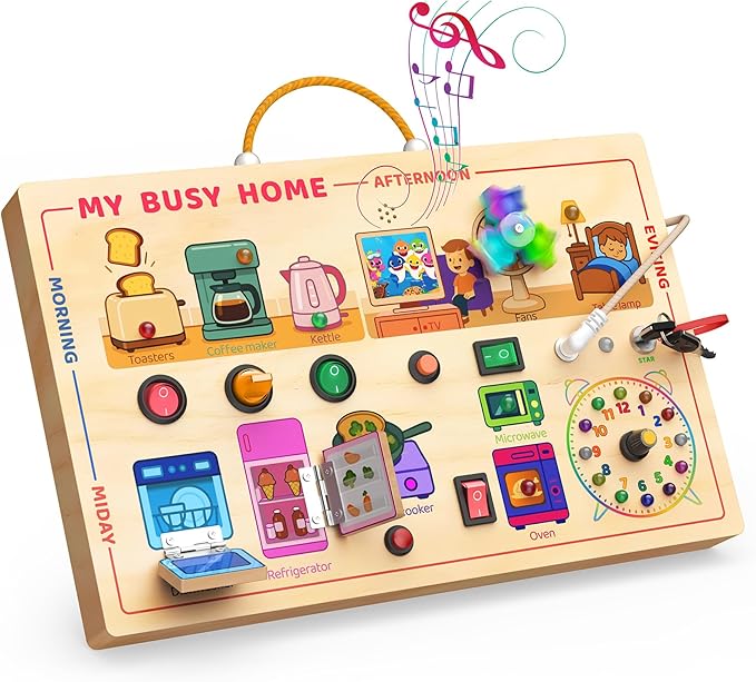 My Busy Home Montessori Busy Board for Toddlers 1-3 - Wooden Sensory Activity Board with Kitchen Appliances, Switches, Clock | Educational Fine Motor Skill Toy for 1+ Year Old Boys Girls