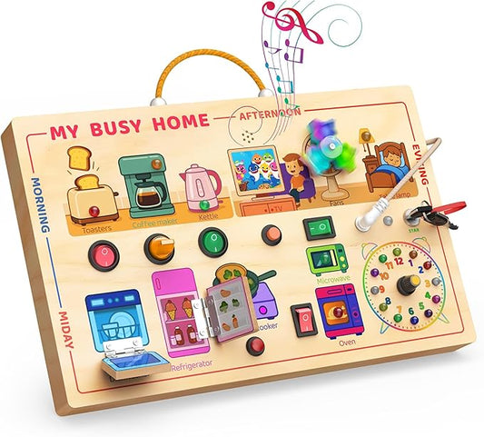 My Busy Home Montessori Busy Board for Toddlers 1-3 - Wooden Sensory Activity Board with Kitchen Appliances, Switches, Clock | Educational Fine Motor Skill Toy for 1+ Year Old Boys Girls