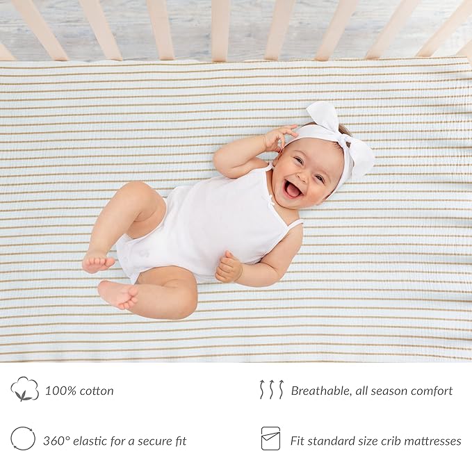 Meracorallo Muslin Fitted Crib Sheet, Soft and Breathable Baby Crib Sheet for Standard Crib and Toddler Mattresses (Neutral Stripe)