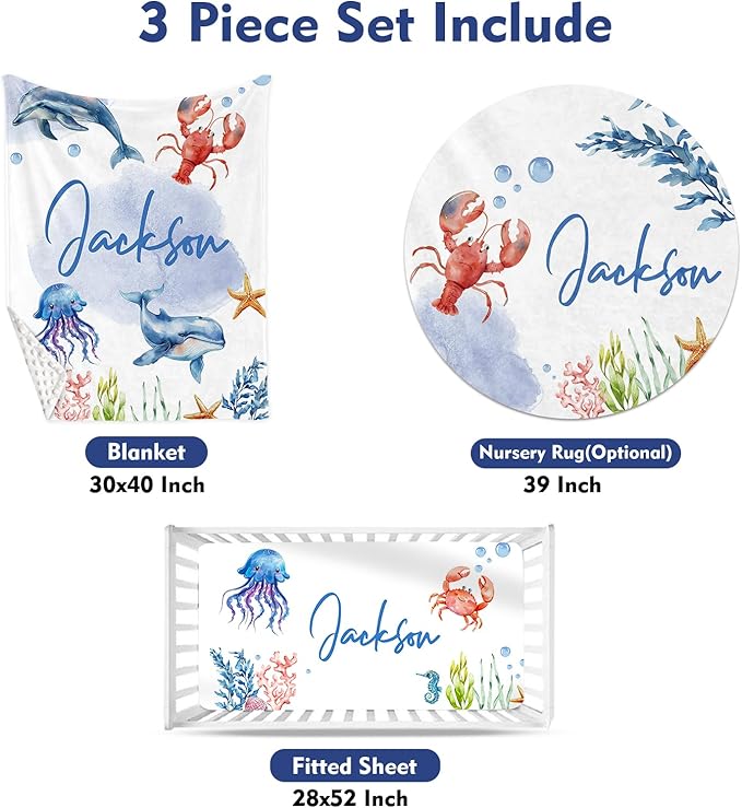 Custom Baby Crib Bedding Set, Personalized Name Marine Animals Theme Crib Set 3 Pcs, Soft Double Layer Blanket, Crib Sheet & Room Rug, Ideal Nursery Decor Gift for Baby Girls Boys