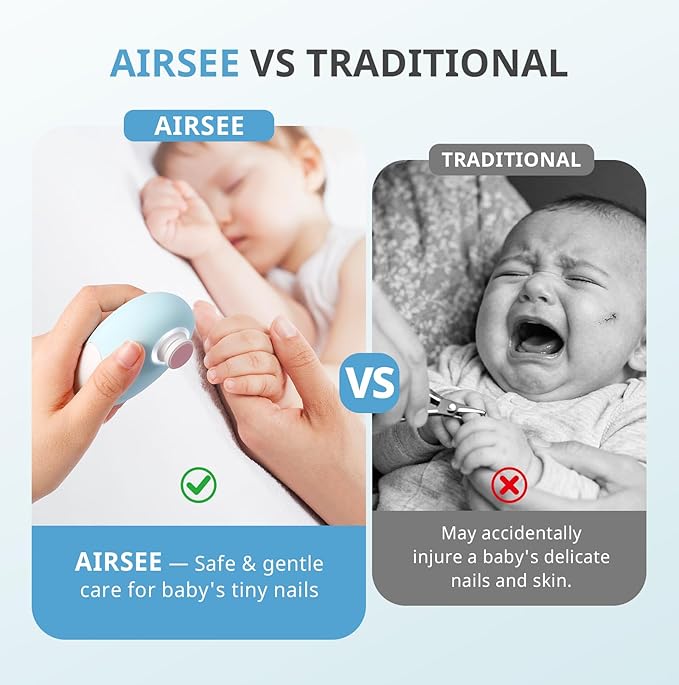 AIRSEE Premium Newborn Gift, Electric Baby Nail File, Cordless Safe Nail Trimmer for Infant, 6 Replacement Heads with Magnetic Storage Case, 360° Light, Baby Clipper, Christmas, Light Blue