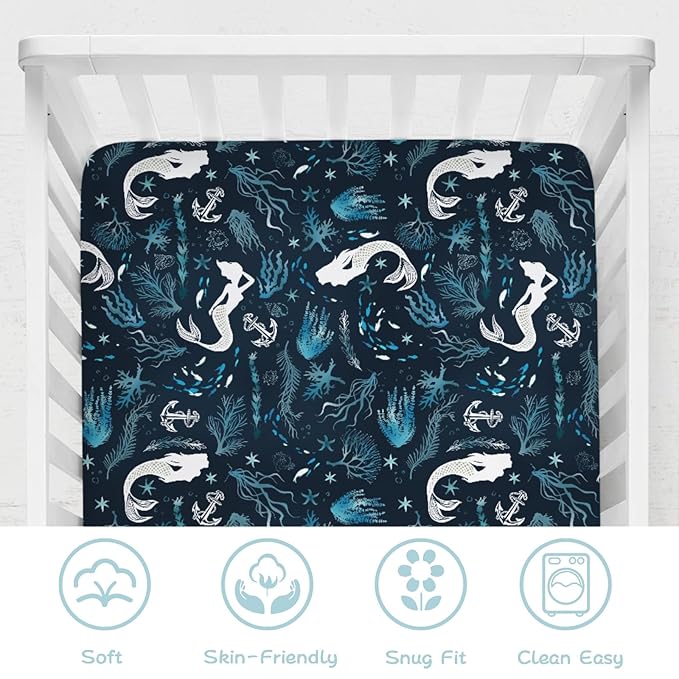 Undersea Mermaids Baby Crib Sheet 52''x28'' Ocean Sea Animal Fish Starfish Corals Anchor Stretchy Fitted Crib Mattress Cover for Boy Girl Nautical Soft Bed Sheets for Standard Crib Toddler Mattress