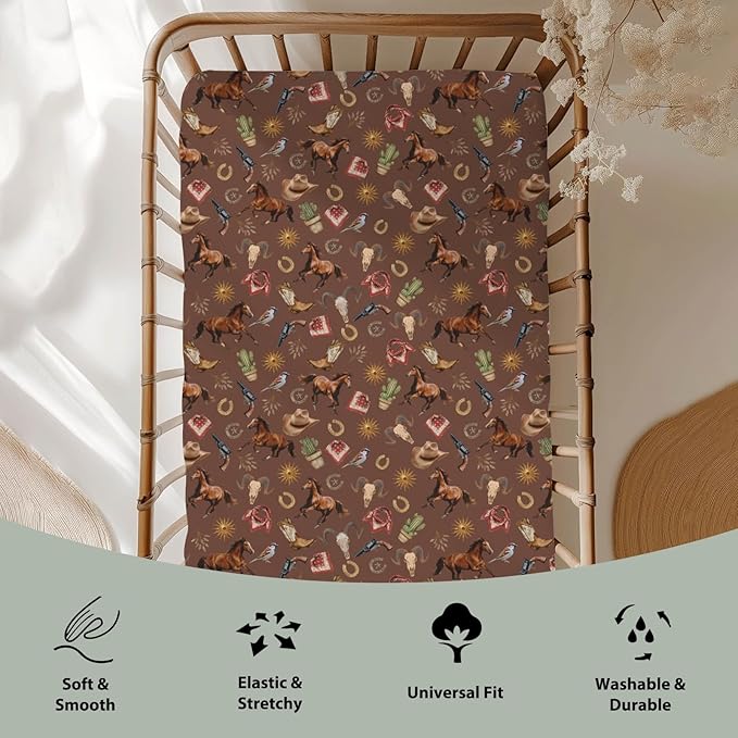 Western Cowboy Baby Crib Sheets for Boy Girl 52x28Inch Vintage Horse Cowboy Boots Hat Cactus Goat Sun Soft Snug Fitted Crib Mattress Cover Wild West Baby Sheet for Standard Crib & Toddler Mattresses