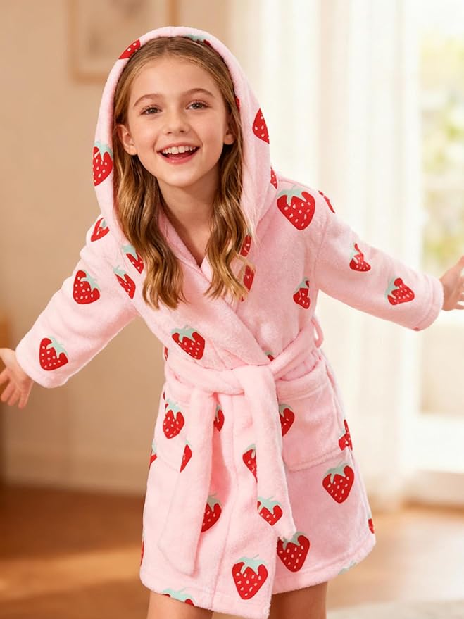 SANGTREE Boys Girls Robe Fleece Hooded Soft Toddler Bathrobe Cute Boys Bathrobe Fuzzy Plush Robes for Kids, 2-12 Years