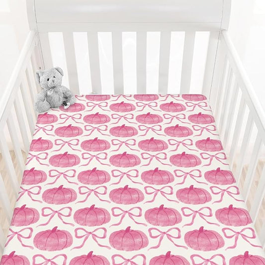 Fall Pumpkins Pink Bows Baby Crib Sheets Vintage Autumn Pumpkins Baby Sheet Thanksgiving Harvest Fitted Crib Mattress Cover for Standard Crib and Toddler Mattress 28"x52"