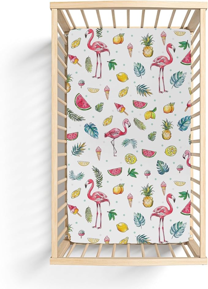 Pink Flamingo Tropical Flowers Leaves Baby Crib Sheets for Boy Girl 28"x52" Summer Birds Fruits Soft Snug Fitted Crib Mattress Cover Beach Vacation Baby Sheet for Standard Crib & Toddler Bed Mattress