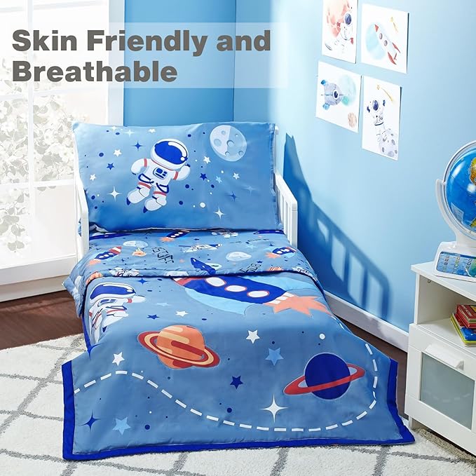 EVERYDAY KIDS 4 Piece Toddler Bedding Set - Outer Space Adventures - Includes Comforter, Flat Sheet, Fitted Sheet and Reversible Pillowcase