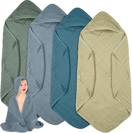 Peryiter 4 Pcs Muslin Hooded Baby Towels, 32x 32'' Cotton Newborn Bath Towel Muslin Infant Baby Blankets Absorbent Unisex Christmas Registry Gift Essentials for Girls Boys (Green Series)