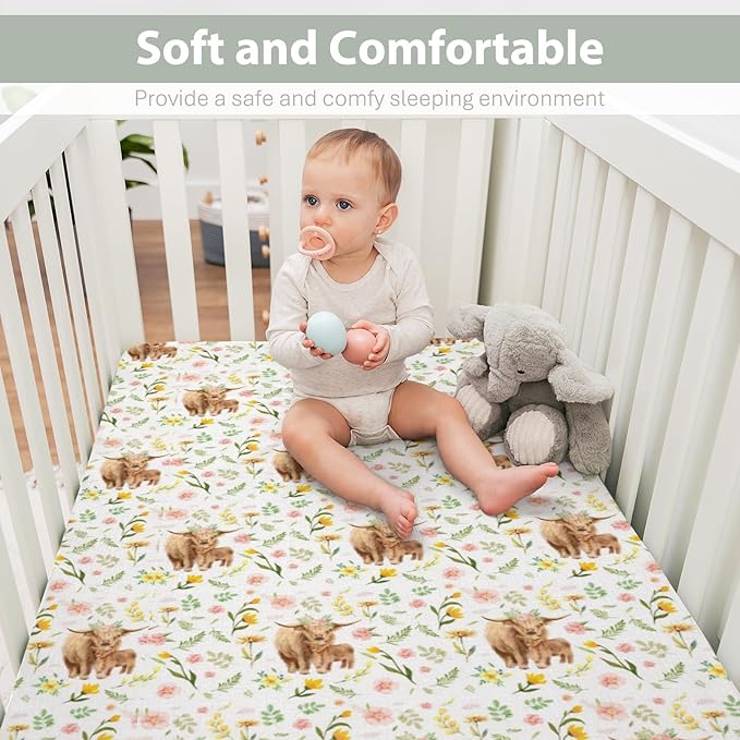 Highland Cows Boho Floral Baby Crib Sheets for Boy Girl 52x28Inch Yak Cattle Retro Flowers Leaves Soft Snug Fitted Crib Mattress Cover Farm Animal Baby Sheet for Standard Crib & Toddler Bed Mattress