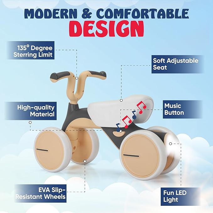 Henry & Colin Baby Balance Bike for Kids - No Pedal 4-Wheel First Bike, Toddler Walker for Boys & Girls, with Stylish Handle, Sturdy & Safe Design for 1-3 Year Olds