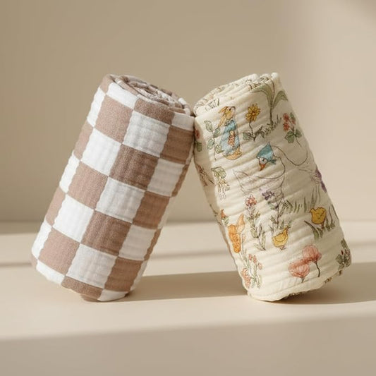 Muslin Baby Blanket 2-Pack – Gentle Touch, Always Within Reach, for Peace of Mind.