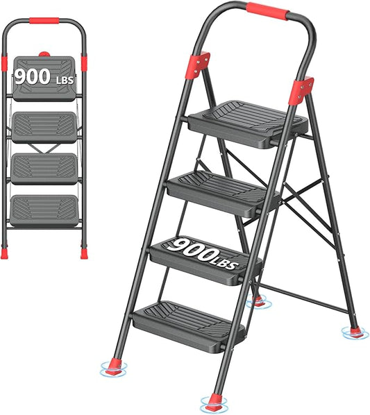 DIAMONDFORGE 4 Step Ladder, Folding Step Stool with Anti-Slip Wide Pedal, Soft Handle, Anti-Slip Feet, Sturdiest Steel Construction, 900lbs Capacity Steel Ladder for Home and Office, BlackRed