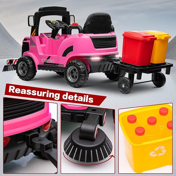 MOLACHI 12V Ride On Street Sweeper Truck, Ride on Car w/Remote Control,Electric 360 Degree Rotating Sweeping Brooms, Ideal Gift for Kids 3-7 Years Old, Pink
