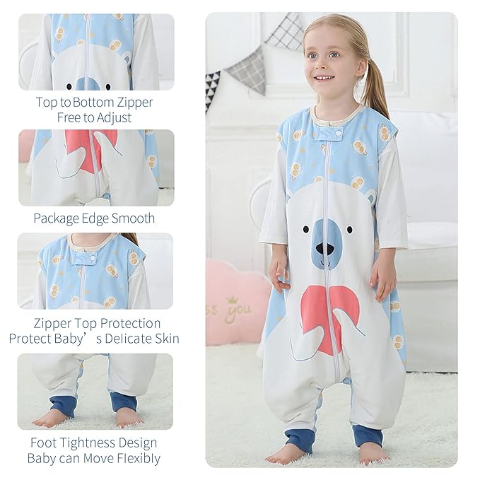 MICHLEY Toddler Sleeping Sack with Feet Newborn Infant Sleeveless Sleeping Bag 2-way Zipper Baby Wearable Blanket for Walkers,Bear,1-3T