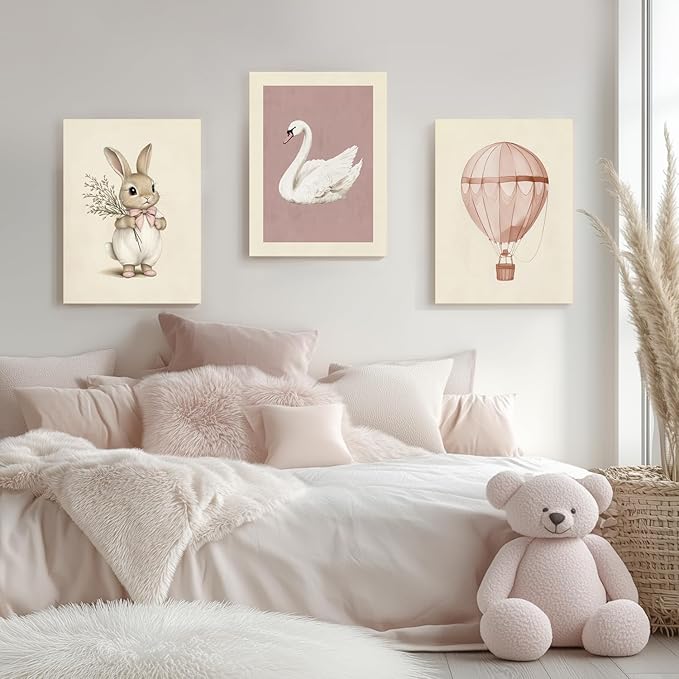 Hianan Pink Baby Girl Nursery Wall Decor Cute Bunny Wall Art Cozy Rabbit Canvas Artwork Elegant Swan Poster Prints Vintage Hot Air Balloon Painting Prints for Kid's Room Baby Room Framed 12"x16"x3