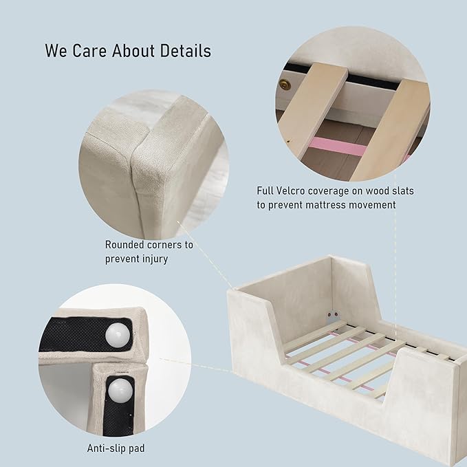 Toddler Bed, Toddler Floor Bed Frame with Guard Rails, Kids Bed for Ages 2-6 Years, Certified Fabric