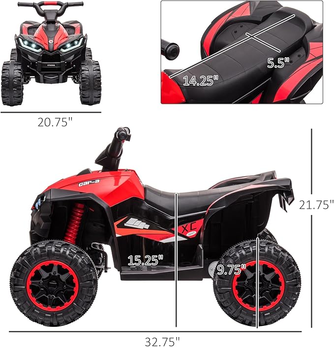 Aosom 12V Kids ATV Quad Car with Forward & Backward Function, Four Wheeler for Kids with Wear-Resistant Wheels, Music, Electric Ride-on ATV for Toddlers Ages 3+ Years Old, Red