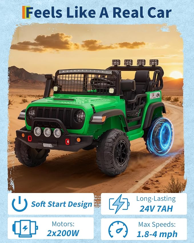 2 Seats 24V Kids Electric Ride on Car with Remote Control, 20" Large Seat with 2 Safety Belts, Two 200W Battery Powered Electric Vehicle for 3+ Years, LED Light,Music,Horn,USB Port, Riding Toy,Green